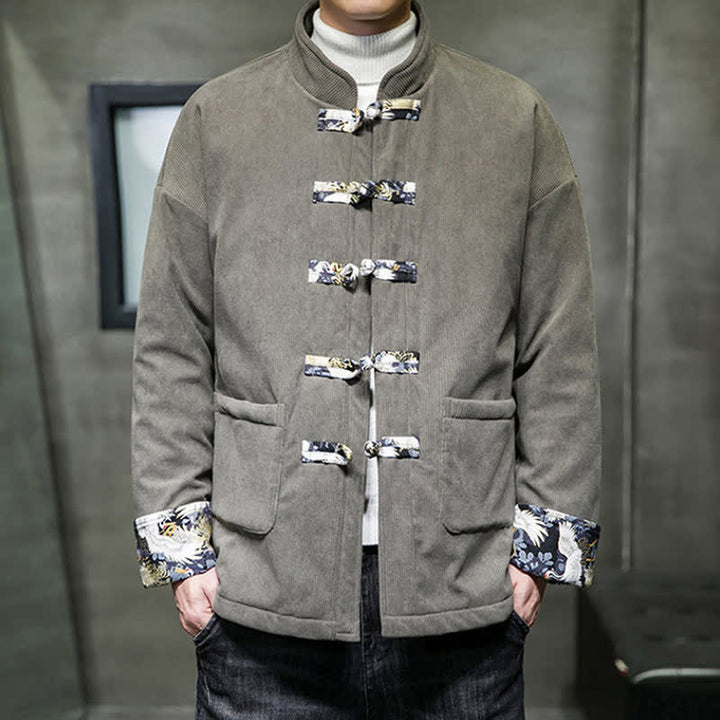 Buddha Stones Fall Winter Casual Tang Style Mandarin Collar White Crane Solid Men's Jacket With Pockets - image 5