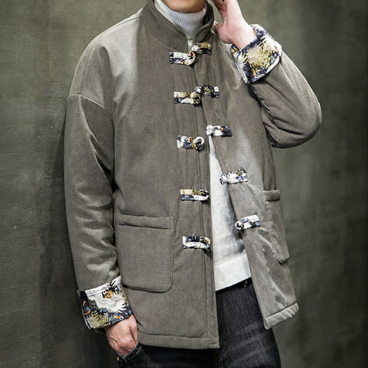 Buddha Stones Fall Winter Casual Tang Style Mandarin Collar White Crane Solid Men's Jacket With Pockets - image 9