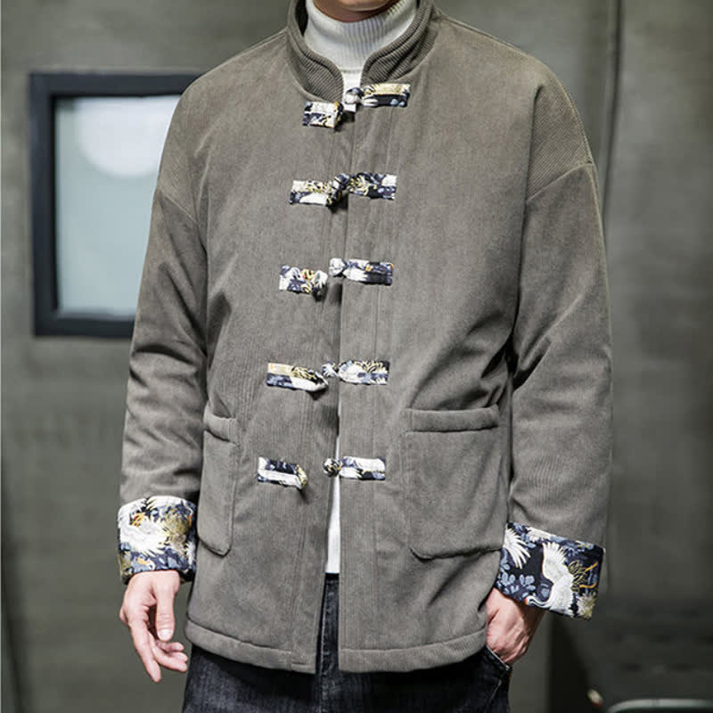 Buddha Stones Fall Winter Casual Tang Style Mandarin Collar White Crane Solid Men's Jacket With Pockets - image 7