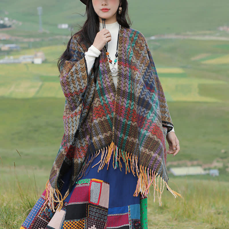 Buddha Stones Fall Winter Boho Wavy Stripes Tassel Style Women's Shawl - RosyBrown Approx. 51.2 in × 59.1 in / 130 × 150 cm - image 0