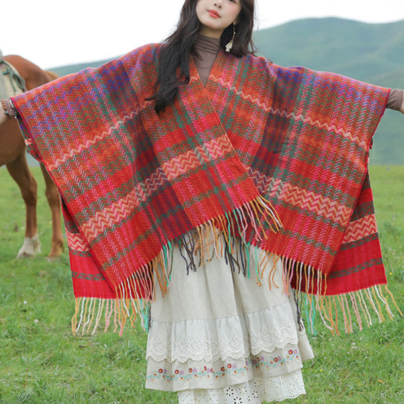 Buddha Stones Fall Winter Boho Wavy Stripes Tassel Style Women's Shawl - Crimson Approx. 51.2 in × 59.1 in / 130 × 150 cm - image 5