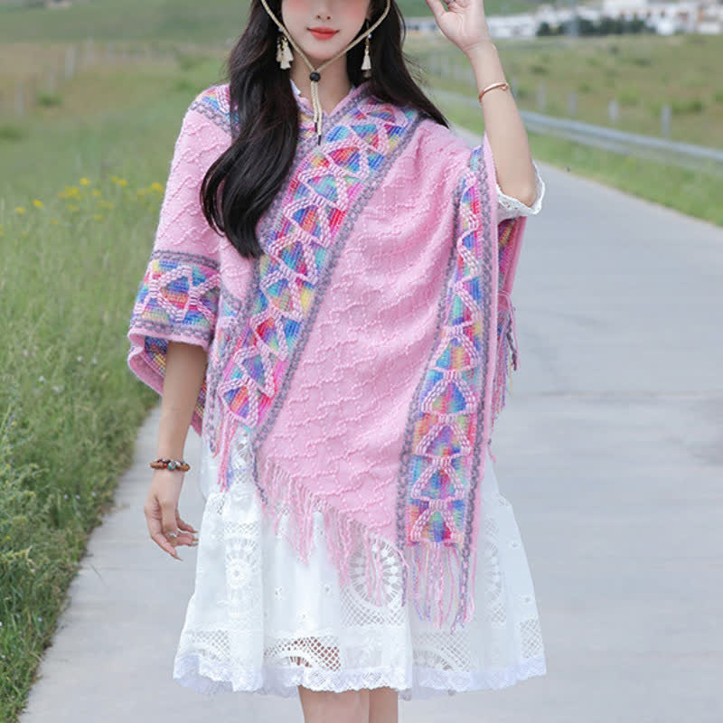 Buddha Stones Spring Fall Boho Geometric Fringe Knit V Hem Women's Shawl - LightPink - image 26