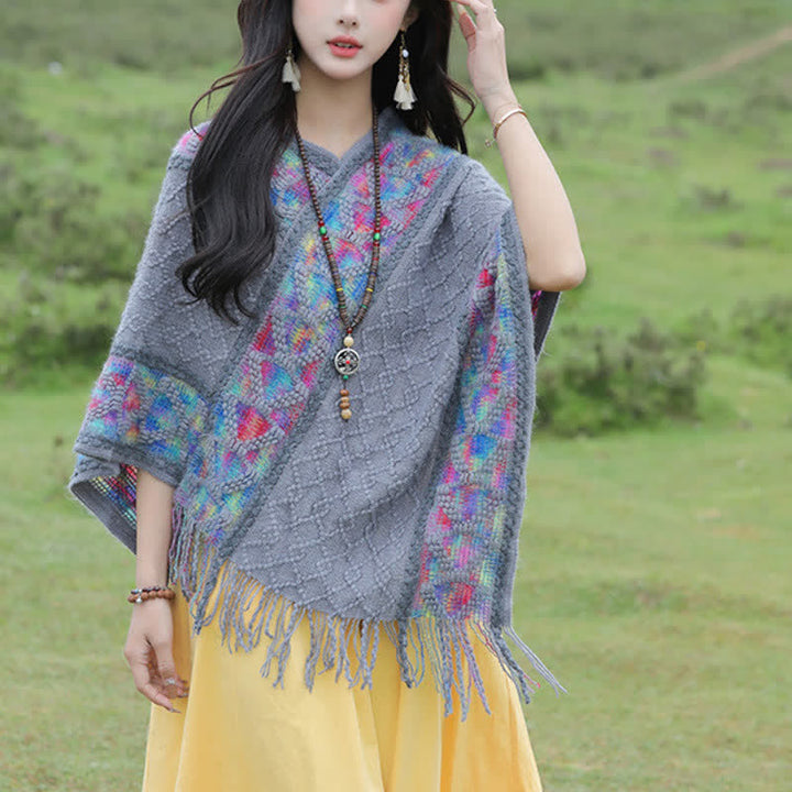 Buddha Stones Spring Fall Boho Geometric Fringe Knit V Hem Women's Shawl - SlateGray - image 22