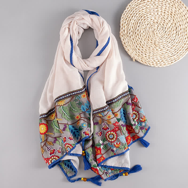 Buddha Stones Spring Fall Boho Embroidered Floral Tassel Thin Women's Shawl - White - image 0