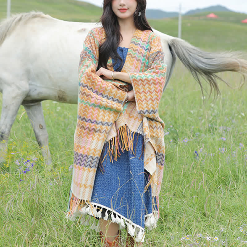Buddha Stones Fall Winter Boho Wavy Stripes Tassel Style Women's Shawl - image 20