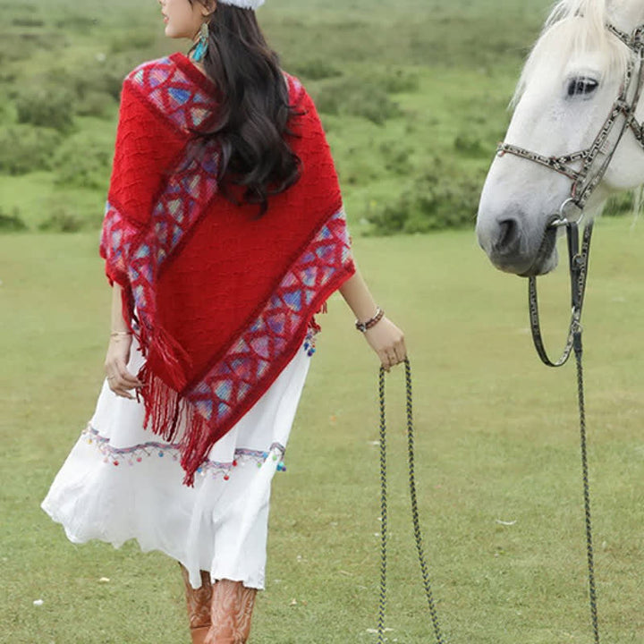 Buddha Stones Spring Fall Boho Geometric Fringe Knit V Hem Women's Shawl - image 5