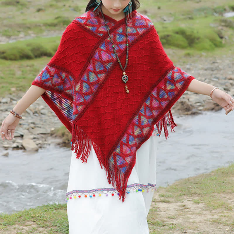 Buddha Stones Spring Fall Boho Geometric Fringe Knit V Hem Women's Shawl - image 2