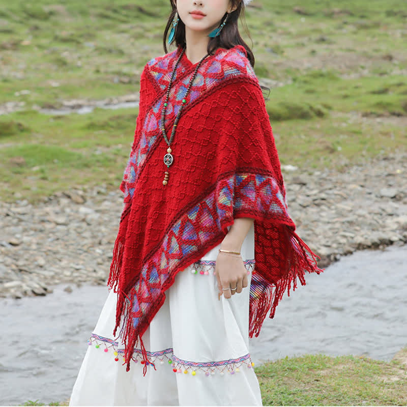 Buddha Stones Spring Fall Boho Geometric Fringe Knit V Hem Women's Shawl - image 3
