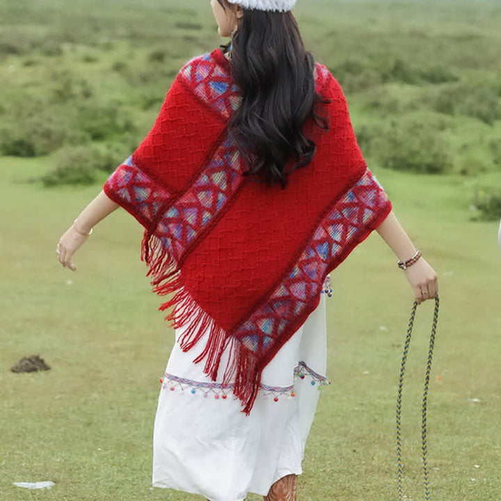 Buddha Stones Spring Fall Boho Geometric Fringe Knit V Hem Women's Shawl - image 4