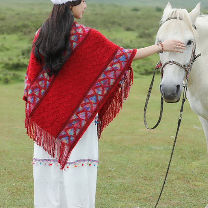 Buddha Stones Spring Fall Boho Geometric Fringe Knit V Hem Women's Shawl - image 8