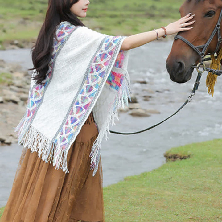 Buddha Stones Spring Fall Boho Geometric Fringe Knit V Hem Women's Shawl - image 13