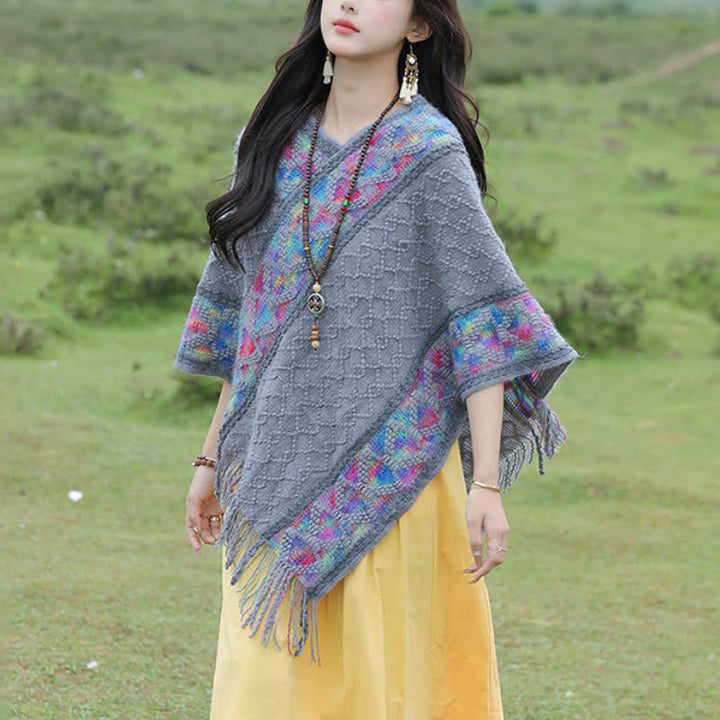 Buddha Stones Spring Fall Boho Geometric Fringe Knit V Hem Women's Shawl - image 24