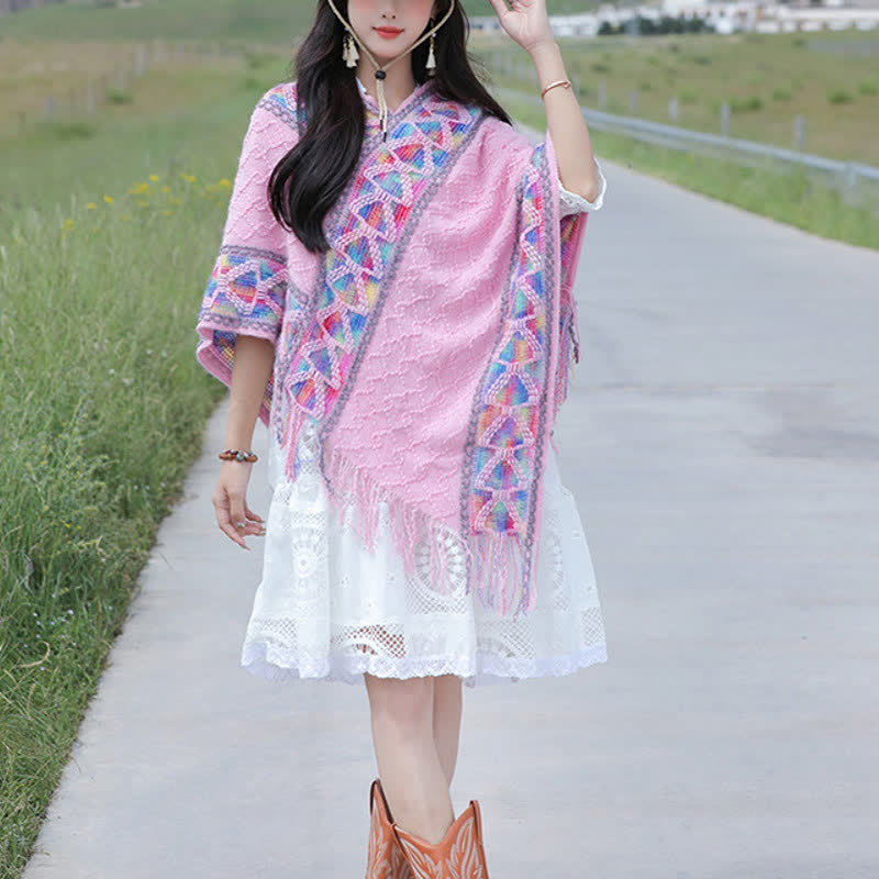 Buddha Stones Spring Fall Boho Geometric Fringe Knit V Hem Women's Shawl - image 28