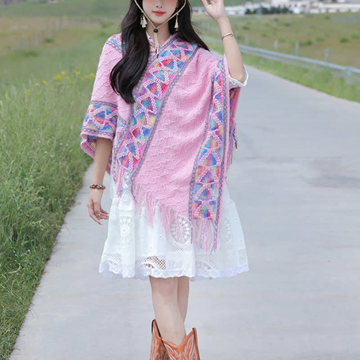 Buddha Stones Spring Fall Boho Geometric Fringe Knit V Hem Women's Shawl - image 28