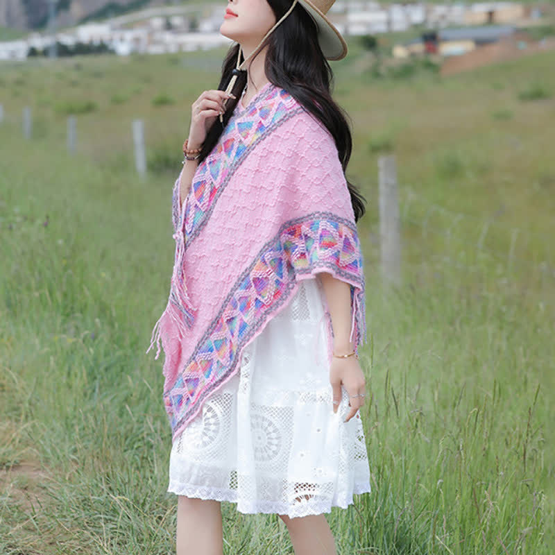 Buddha Stones Spring Fall Boho Geometric Fringe Knit V Hem Women's Shawl - image 33