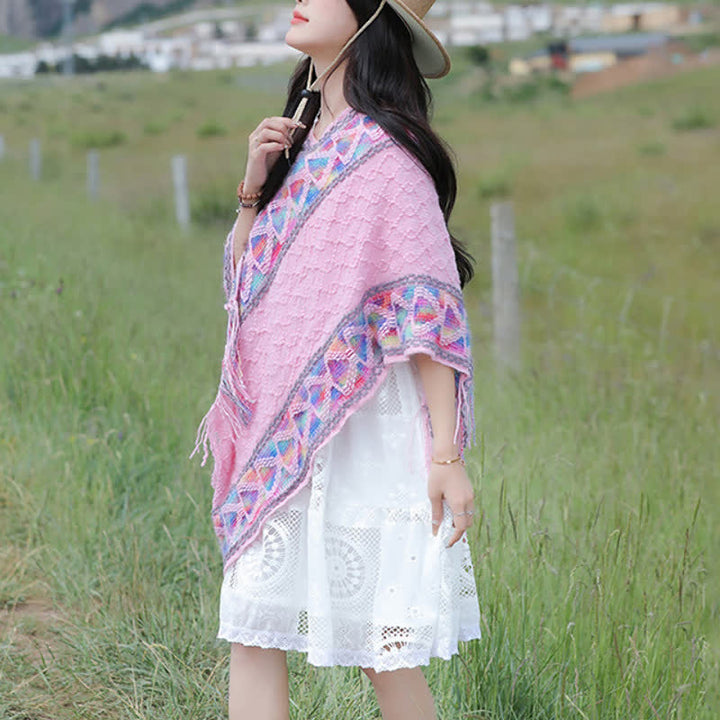 Buddha Stones Spring Fall Boho Geometric Fringe Knit V Hem Women's Shawl - image 33
