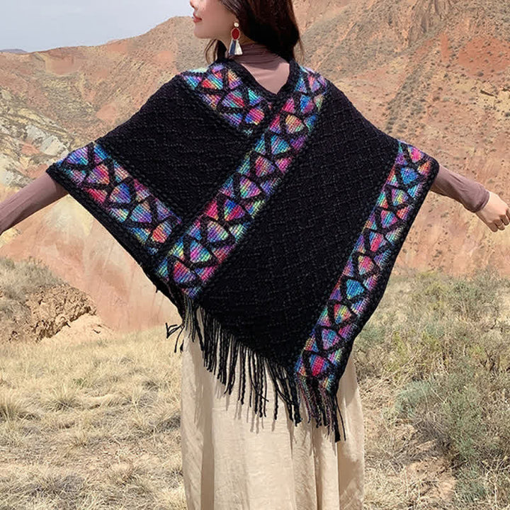 Buddha Stones Spring Fall Boho Geometric Fringe Knit V Hem Women's Shawl - image 39