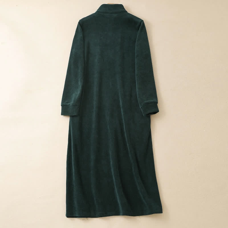 Buddha Stones Fall Winter Casual Tang Style Quarter Zip Solid Corduroy Women's Long Sleeve Dress With Pockets - image 1