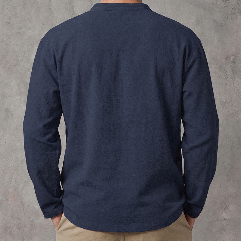 Buddha Stones Spring Fall Casual Drawstring Mandarin Collar Solid Men's Long Sleeve Shirts - image 2