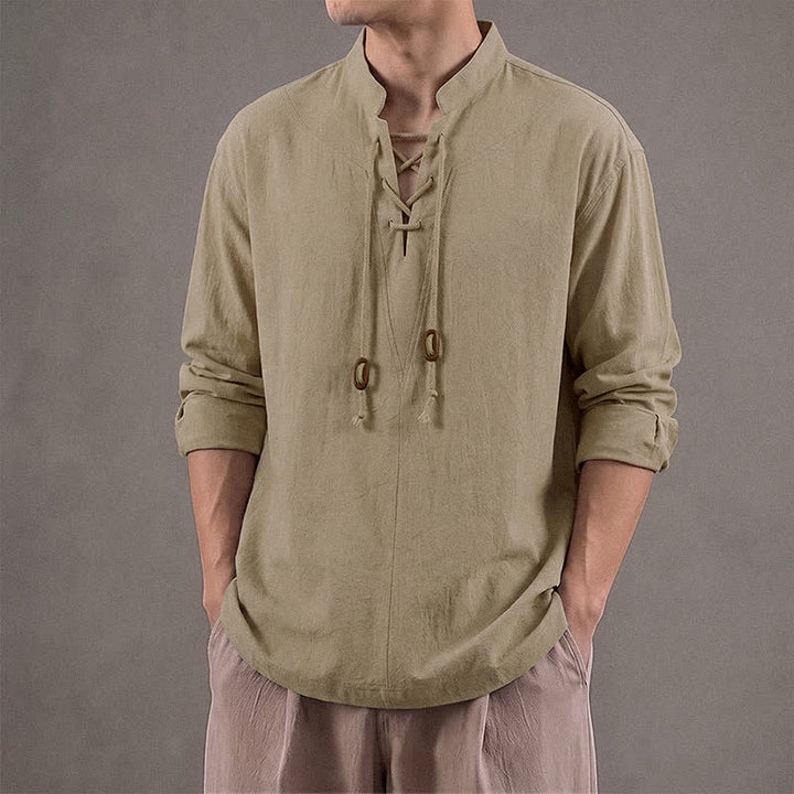 Buddha Stones Spring Fall Casual Drawstring Mandarin Collar Solid Men's Long Sleeve Shirts - image 10