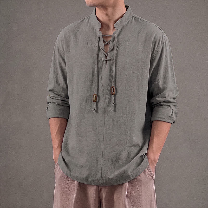 Buddha Stones Spring Fall Casual Drawstring Mandarin Collar Solid Men's Long Sleeve Shirts - image 19