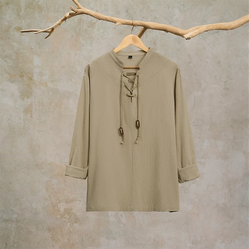 Buddha Stones Spring Fall Casual Drawstring Mandarin Collar Solid Men's Long Sleeve Shirts - image 12