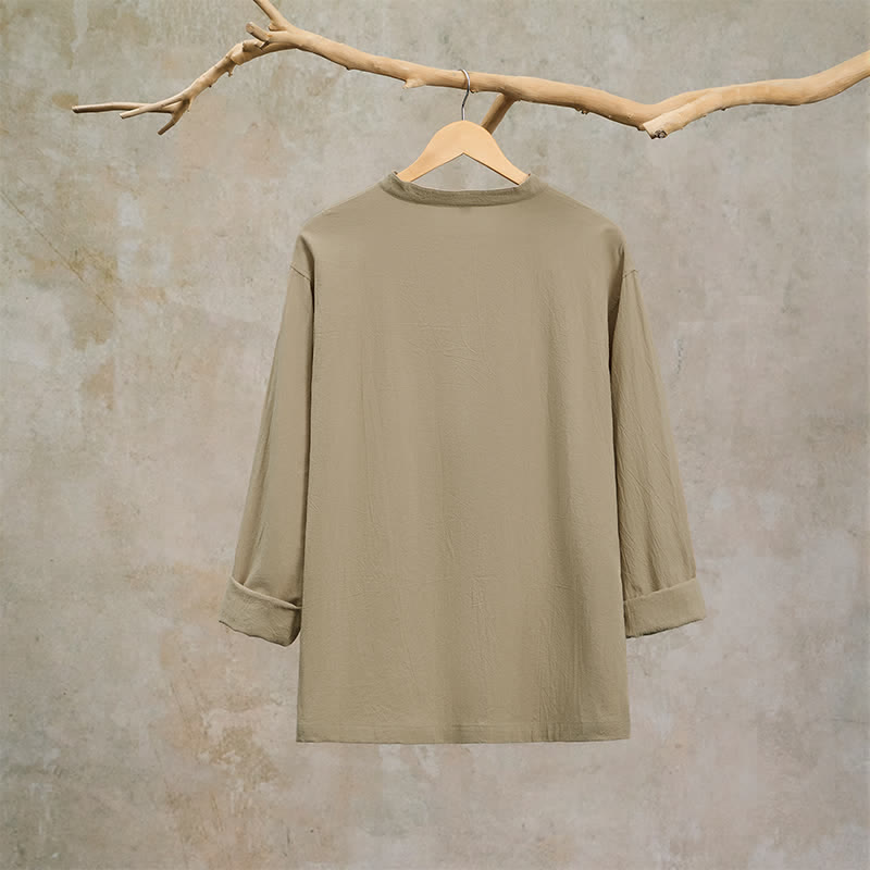 Buddha Stones Spring Fall Casual Drawstring Mandarin Collar Solid Men's Long Sleeve Shirts - image 13