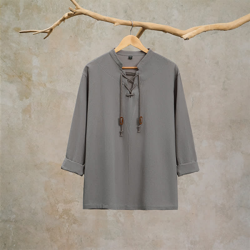 Buddha Stones Spring Fall Casual Drawstring Mandarin Collar Solid Men's Long Sleeve Shirts - image 21