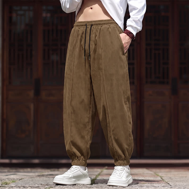 Buddha Stones Fall Winter Casual Drawstring Solid Corduroy Long Pants Men's Tapered Pants With Pockets - Peru - US/UK/AU44, EU54 (3XL) - image 0