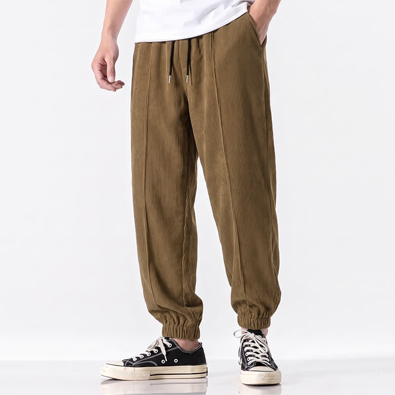 Buddha Stones Fall Winter Casual Drawstring Solid Corduroy Long Pants Men's Tapered Pants With Pockets - image 1