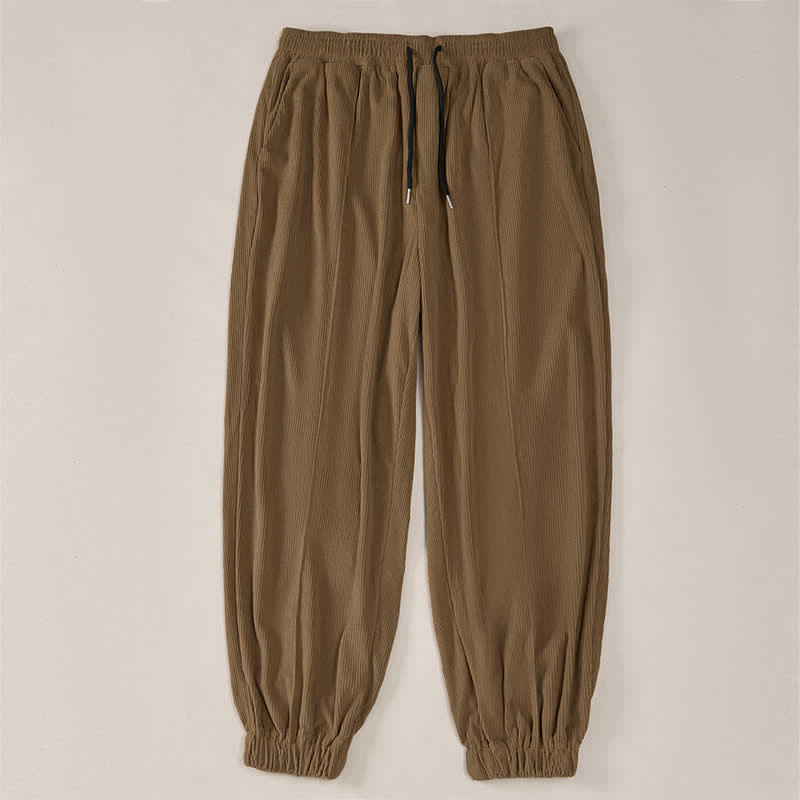 Buddha Stones Fall Winter Casual Drawstring Solid Corduroy Long Pants Men's Tapered Pants With Pockets - image 3