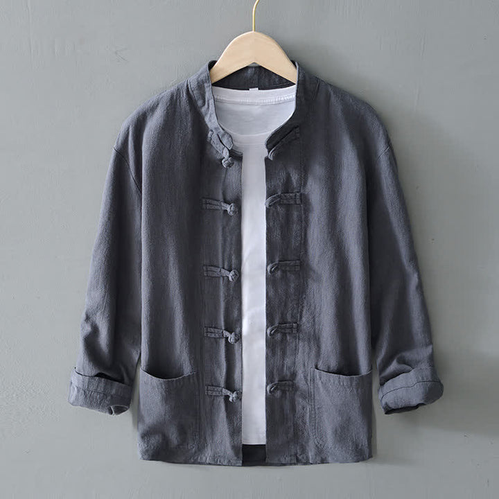 Buddha Stones Frog-Button Chinese Tang Suit Cotton Linen Men Shirt With Pockets - Gray - US/UK/AU50，EU60 (5XL) - image 0