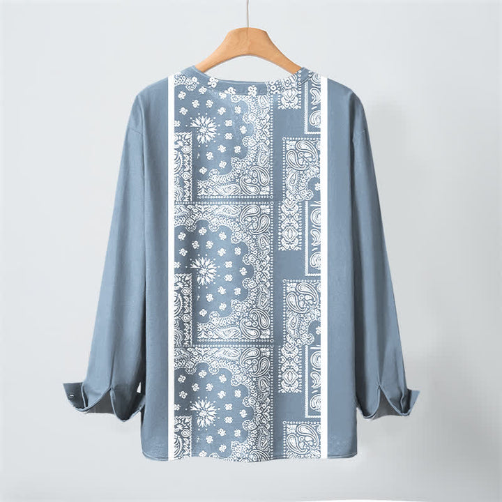 Buddha Stones Cotton Boho Paisley Stripe Pattern V-Neck Buttons Men's Long Sleeve Shirts - image 3