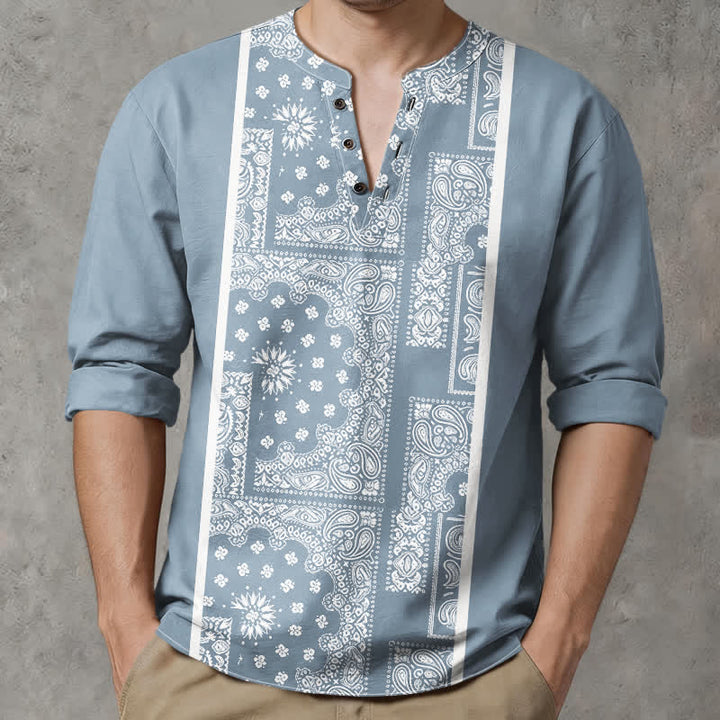 Buddha Stones Cotton Boho Paisley Stripe Pattern V-Neck Buttons Men's Long Sleeve Shirts - LightSteelBlue - US/UK/AU48，EU58 (4XL) - image 0
