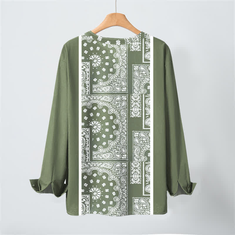 Buddha Stones Cotton Boho Paisley Stripe Pattern V-Neck Buttons Men's Long Sleeve Shirts - image 17