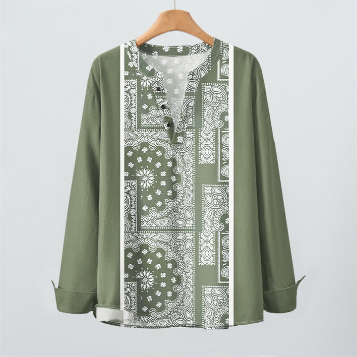 Buddha Stones Cotton Boho Paisley Stripe Pattern V-Neck Buttons Men's Long Sleeve Shirts - image 16