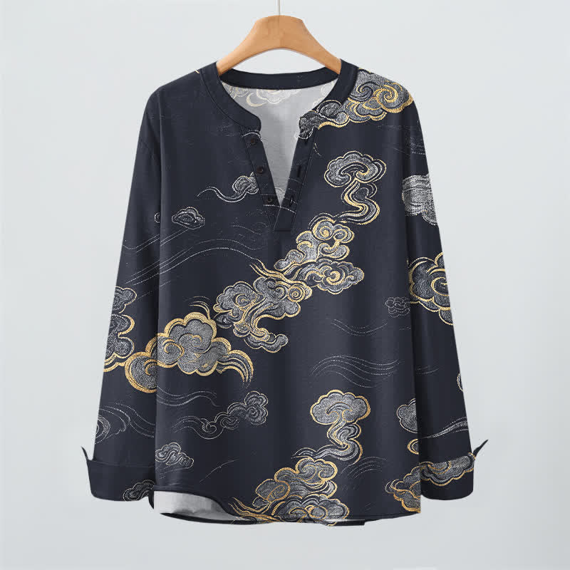 Buddha Stones Cotton Oriental Cloud Pattern V-Neck Buttons Men's Long Sleeve Shirts - image 2