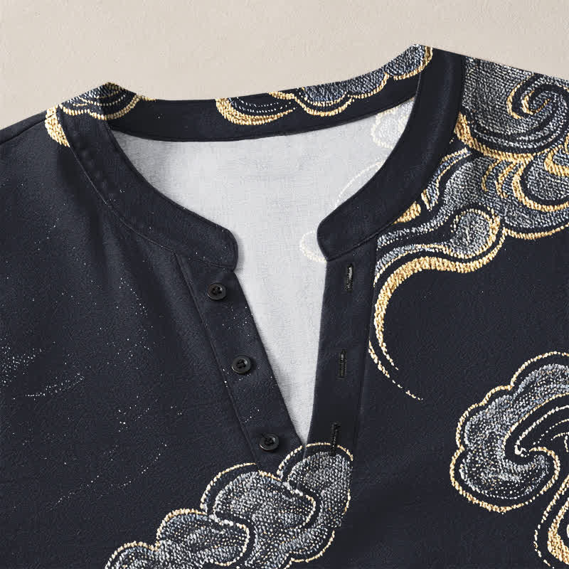 Buddha Stones Cotton Oriental Cloud Pattern V-Neck Buttons Men's Long Sleeve Shirts - image 4