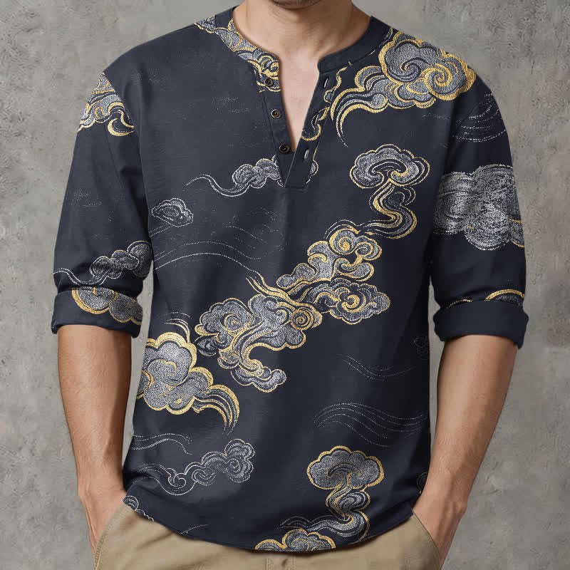 Buddha Stones Cotton Oriental Cloud Pattern V-Neck Buttons Men's Long Sleeve Shirts - Black - US/UK/AU48，EU58 (4XL) - image 0