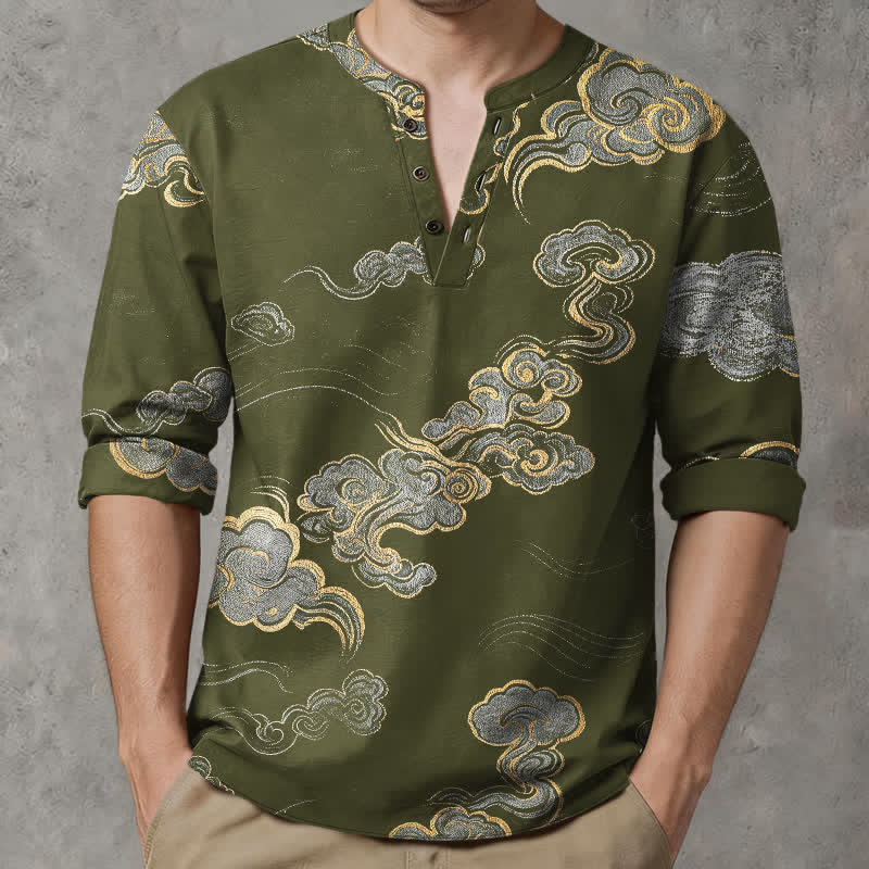 Buddha Stones Cotton Oriental Cloud Pattern V-Neck Buttons Men's Long Sleeve Shirts - Olive - US/UK/AU48，EU58 (4XL) - image 7