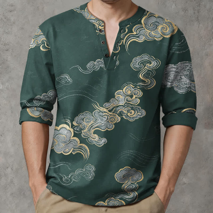 Buddha Stones Cotton Oriental Cloud Pattern V-Neck Buttons Men's Long Sleeve Shirts - DarkGreen - US/UK/AU48，EU58 (4XL) - image 14