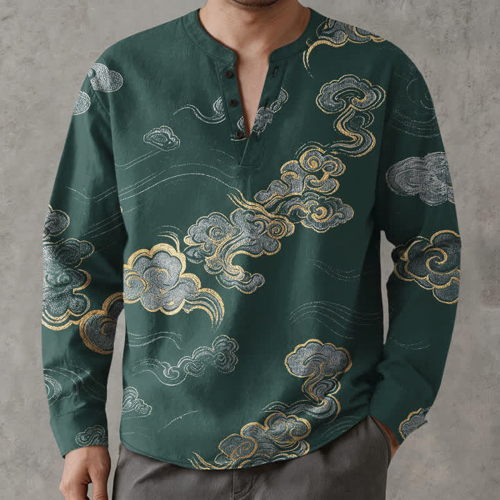 Buddha Stones Cotton Oriental Cloud Pattern V-Neck Buttons Men's Long Sleeve Shirts - image 15
