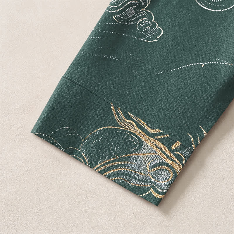 Buddha Stones Cotton Oriental Cloud Pattern V-Neck Buttons Men's Long Sleeve Shirts - image 19