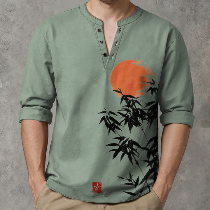 Buddha Stones Cotton Ink Bamboo Sun Pattern V-Neck Buttons Men's Long Sleeve Shirts - image 15