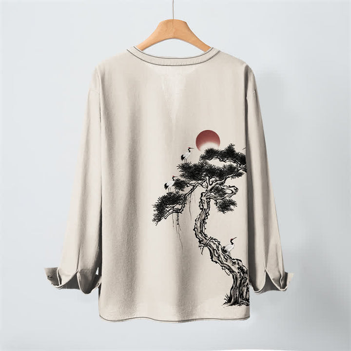 Buddha Stones Cotton Ink Pine Red Sun Birds Pattern V-Neck Buttons Men's Long Sleeve Shirts - image 3