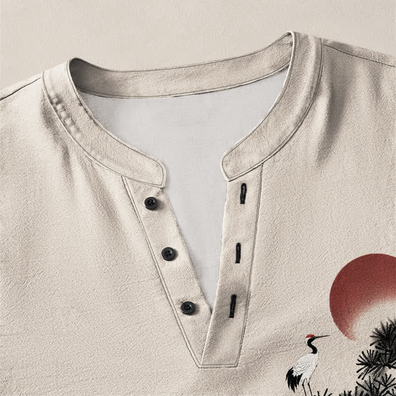 Buddha Stones Cotton Ink Pine Red Sun Birds Pattern V-Neck Buttons Men's Long Sleeve Shirts - image 4