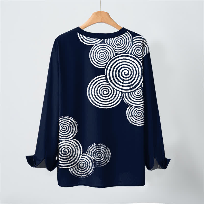 Buddha Stones Cotton Bohemian Spiral Pattern V-Neck Buttons Men's Long Sleeve Shirts - image 3