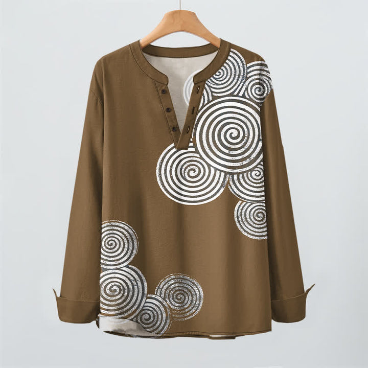 Buddha Stones Cotton Bohemian Spiral Pattern V-Neck Buttons Men's Long Sleeve Shirts - image 9