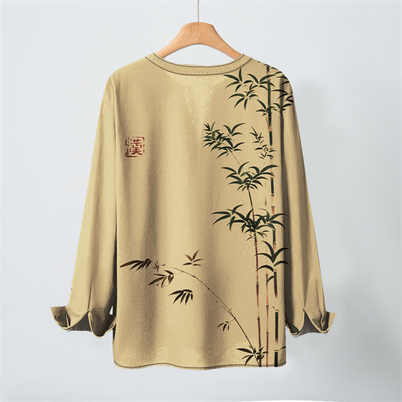 Buddha Stones Cotton Eastern Bamboo Seal Pattern V-Neck Buttons Men's Long Sleeve Shirts - image 3