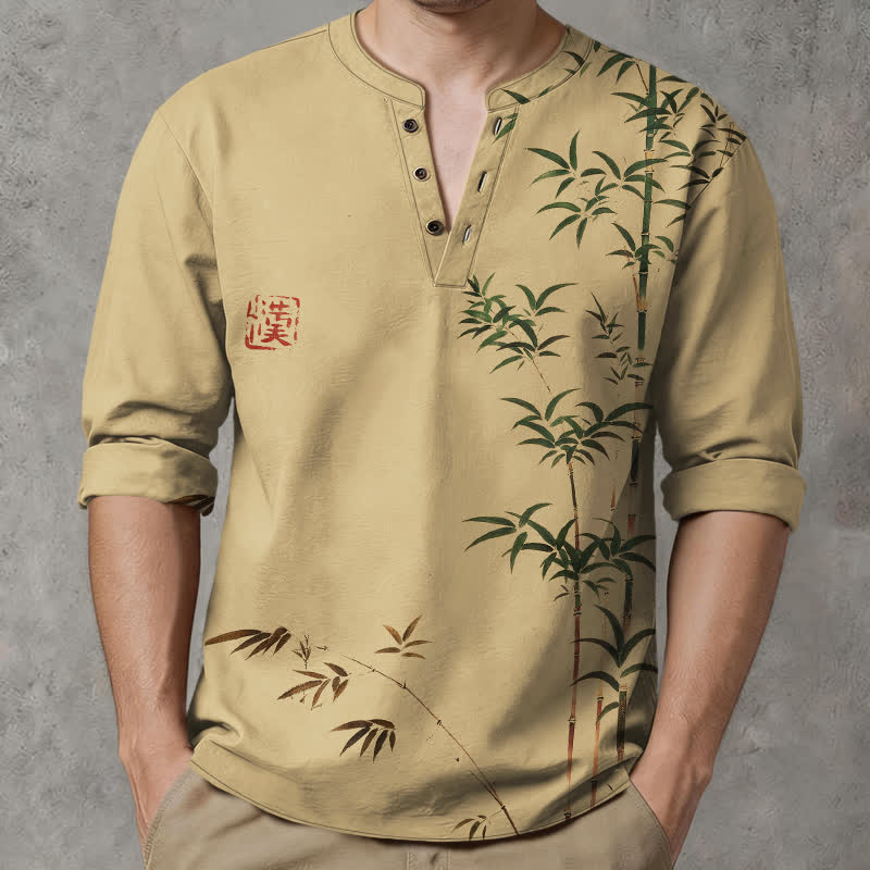 Buddha Stones Cotton Eastern Bamboo Seal Pattern V-Neck Buttons Men's Long Sleeve Shirts - Tan - US/UK/AU48，EU58 (4XL) - image 0